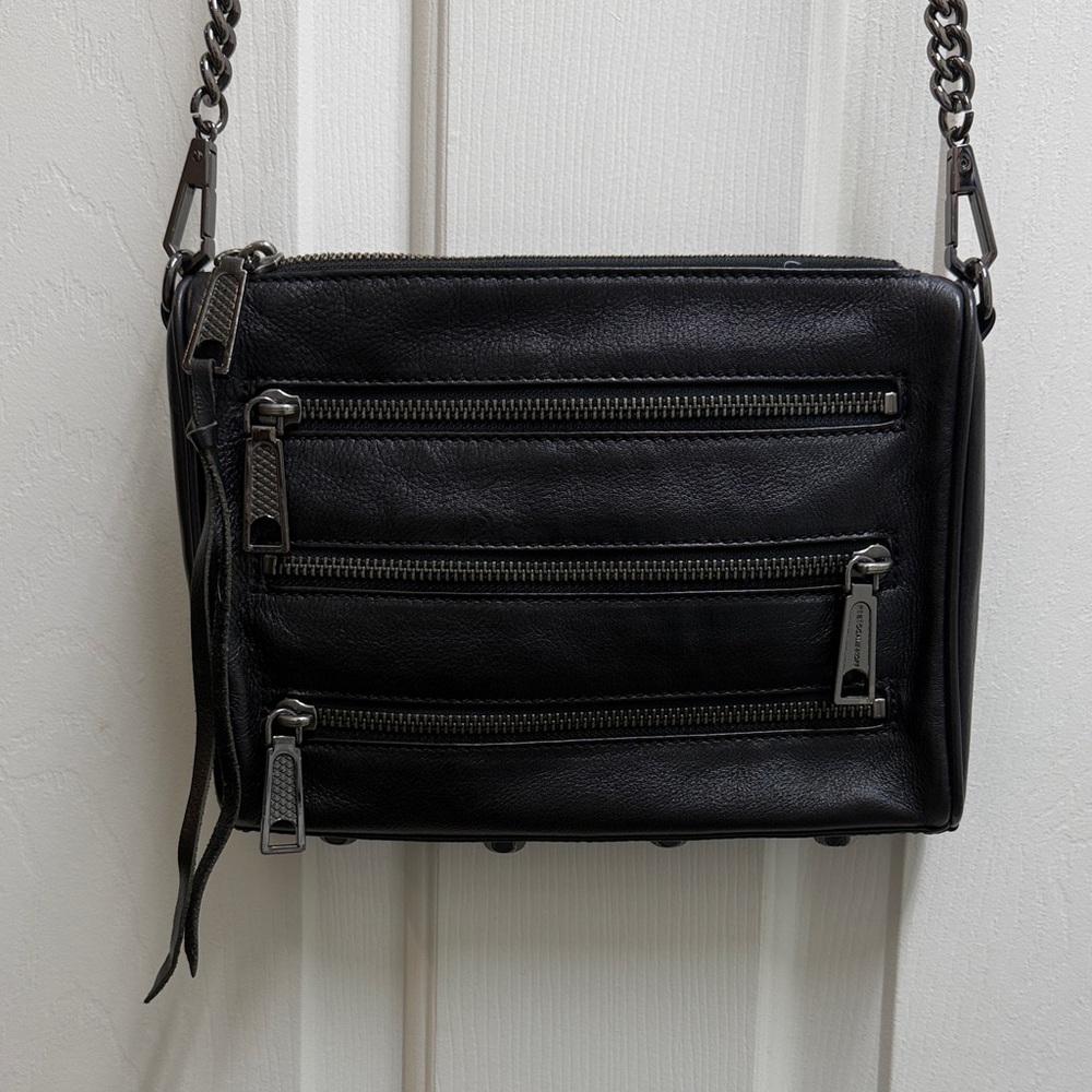 Rebecca Minkoff Black Leather Crossbody With Gunmetal Chain & Zipper Details